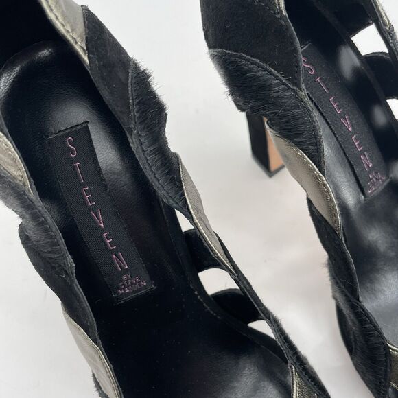 STEVEN Steve Madden Size 6.5 Suede Leather Cutout High Heels Black Silver Fur - Picture 4 of 9